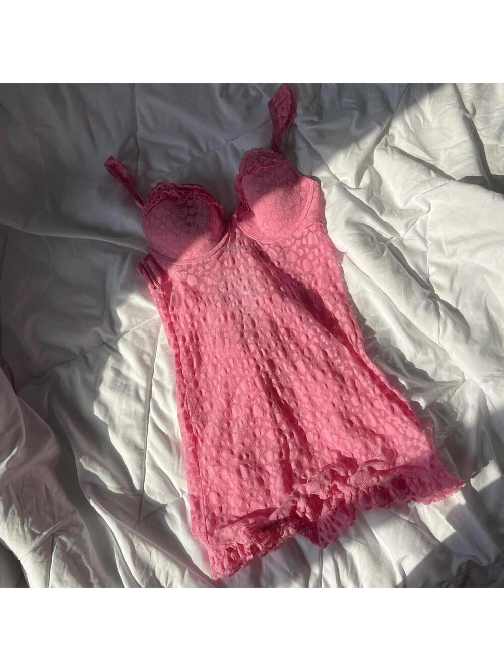 Vintage Coquette Victorias Secret Push Up Heart Bow Pink Lace Babydoll Lingerie